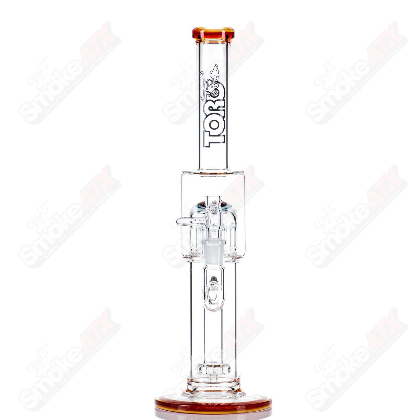 Toro Glass 14mm circular to 13-arm perc straight water pipe with reversal sections, durable glass for smooth hits.