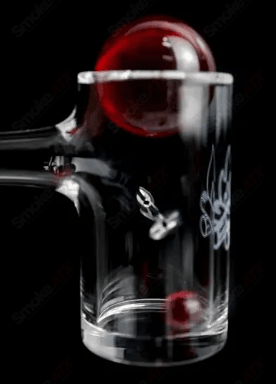 14mm male quartz auto spinner campfire pipe by Ruby Pearl Company with ruby pearl accents and intricate design.