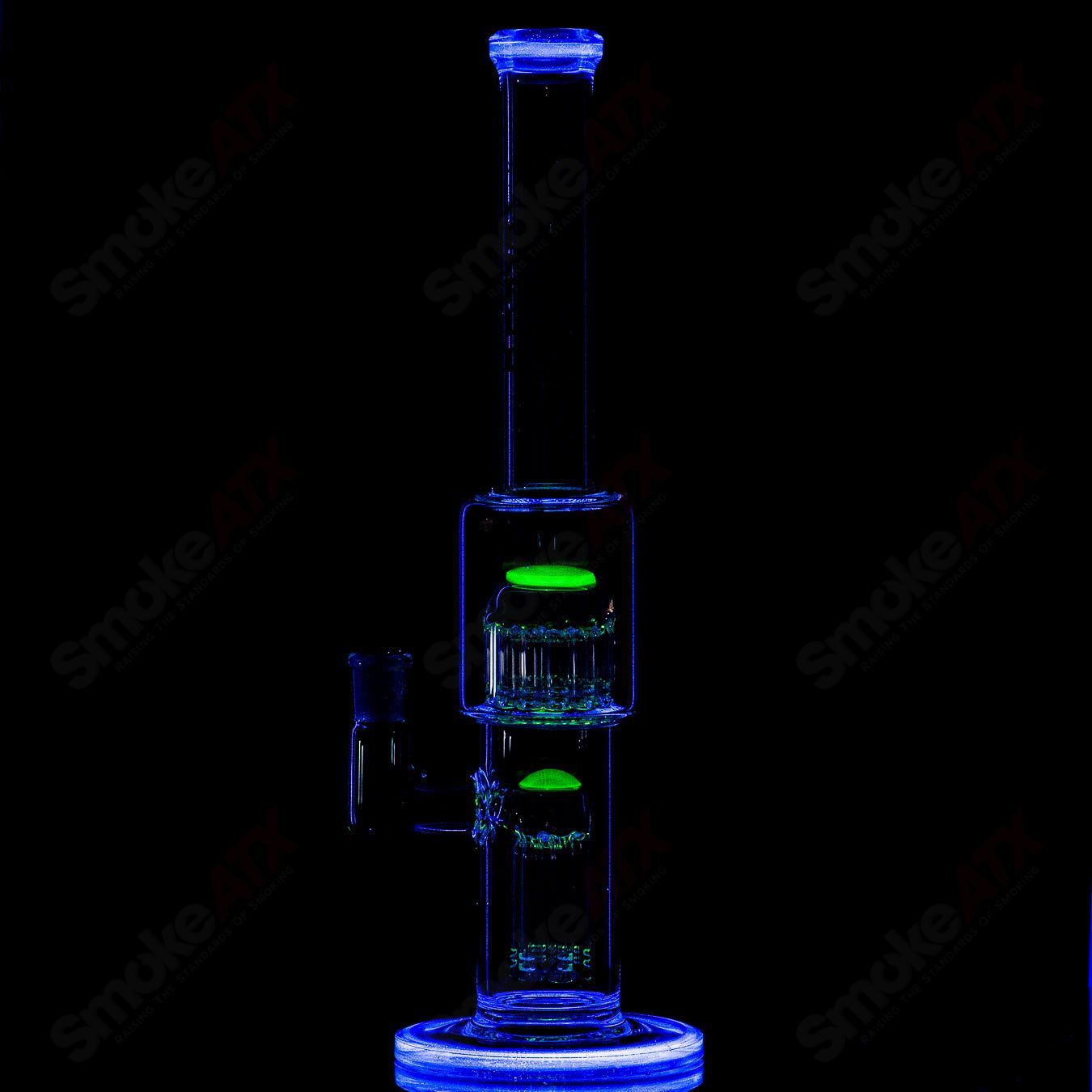 Toro 14mm Mini 7/13 Arm Perc straight glass tube with colorful cap, featuring intricate percolator design and clear glass construction.