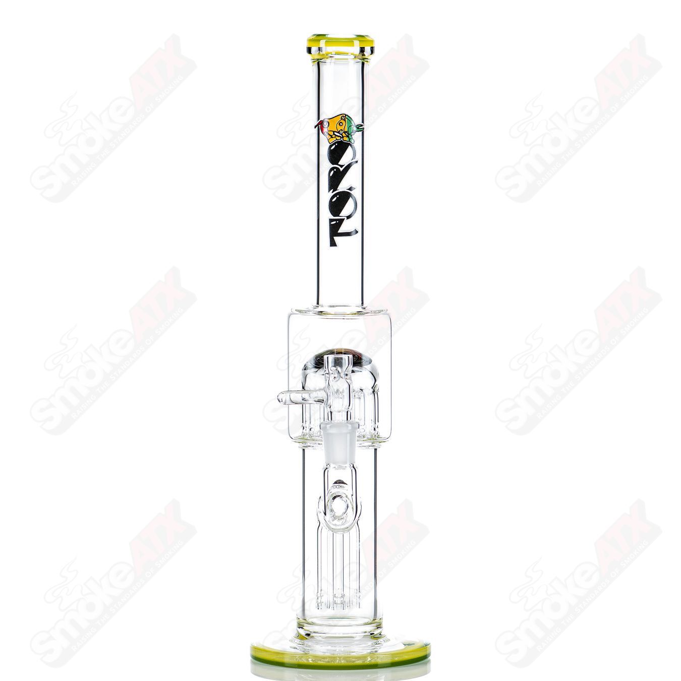 Toro Glass 14mm Mini 7/13 Arm Perc straight tube with reversal sections, showcasing intricate glasswork and clear design.