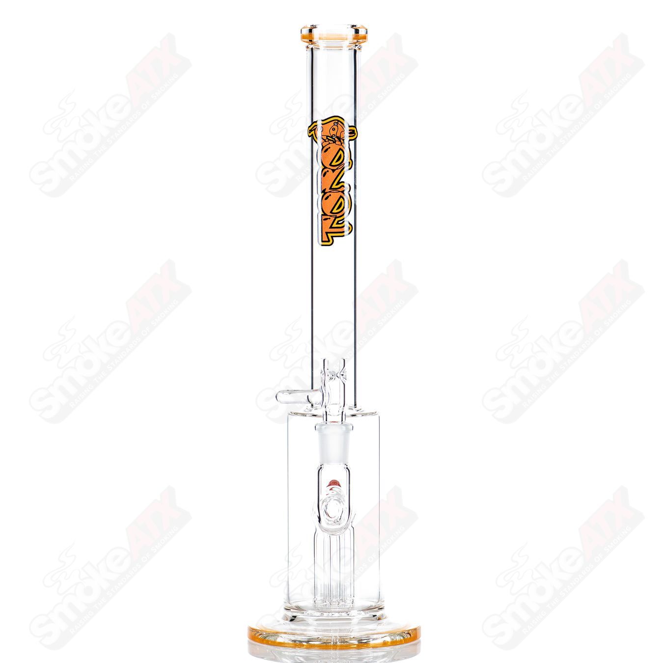 Toro 14mm mini tree glass straight tube with colorful accents, showcasing intricate glasswork and vibrant design details.