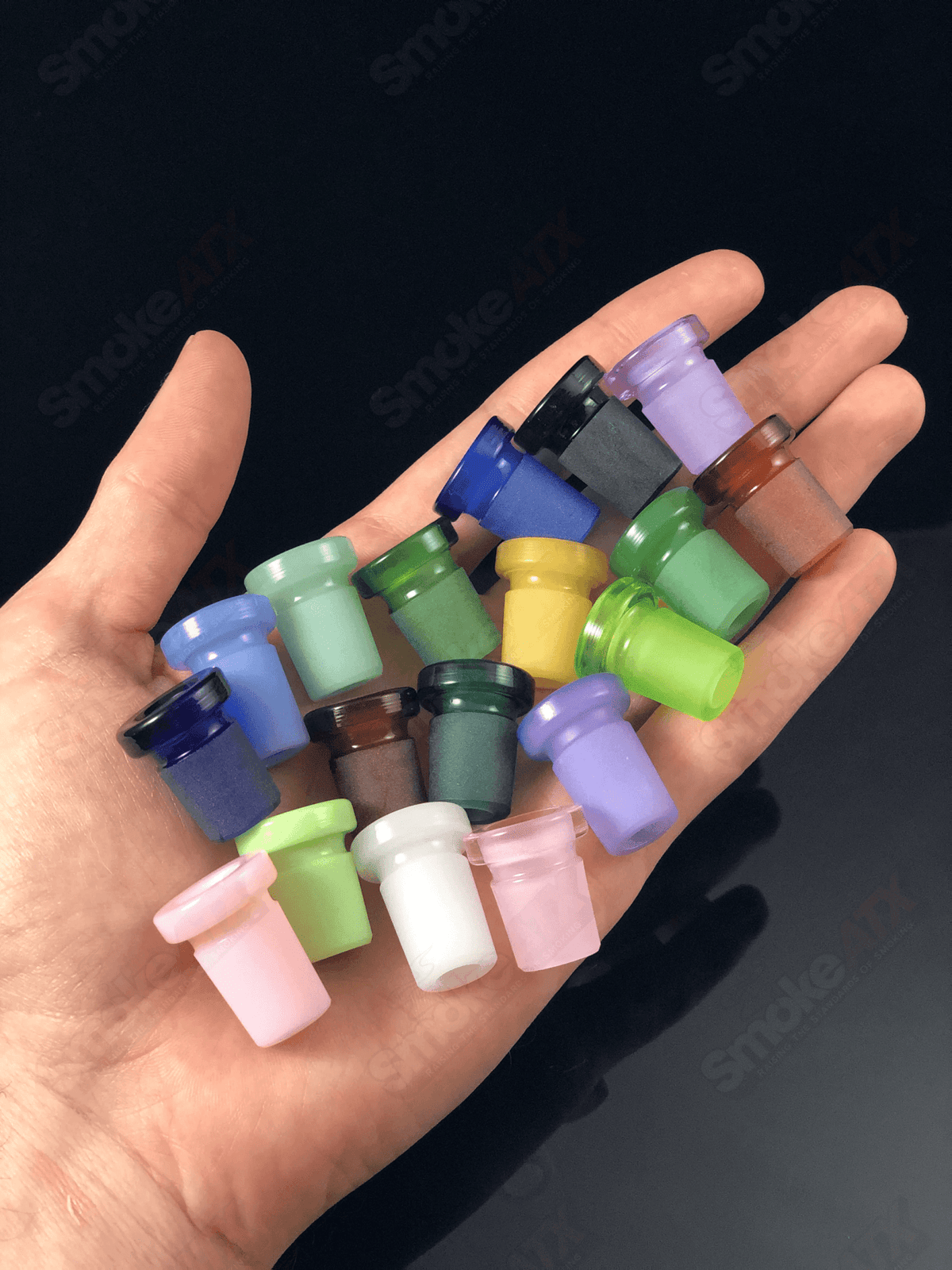 Clear 14mm to 18mm #20 slide adapter for glass by Kovacs Glass, shown with transparent glass and metal components.