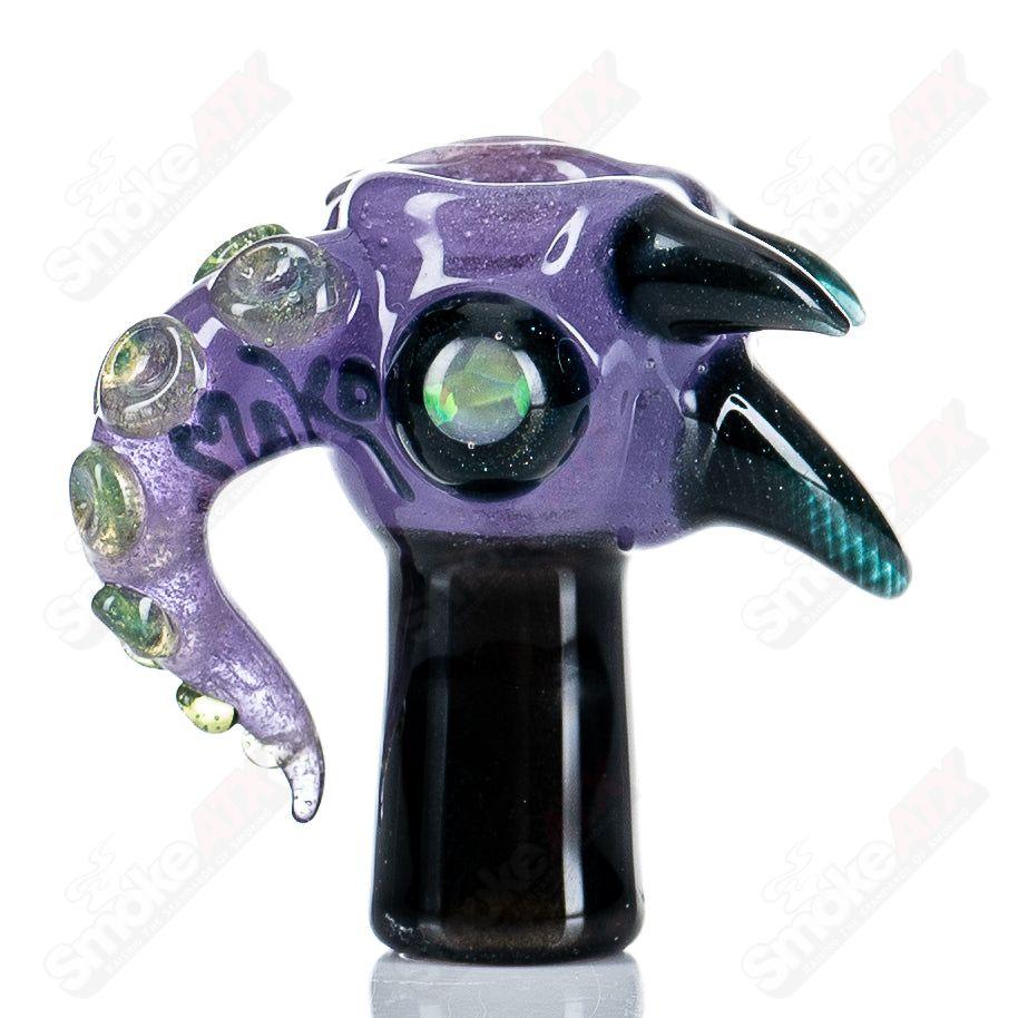 14mm Wysteria Opal Creature Dome by Mako Glass, colorful heady glass piece with intricate creature design and vibrant opal accents.