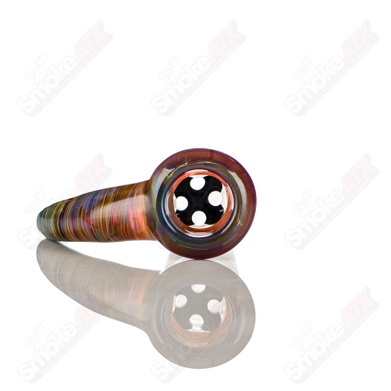 Colorful 18mm Worked 4-Hole Slide by Texas Tubes for Heady Glass Bowls, featuring vibrant design and functional slide mechanism.
