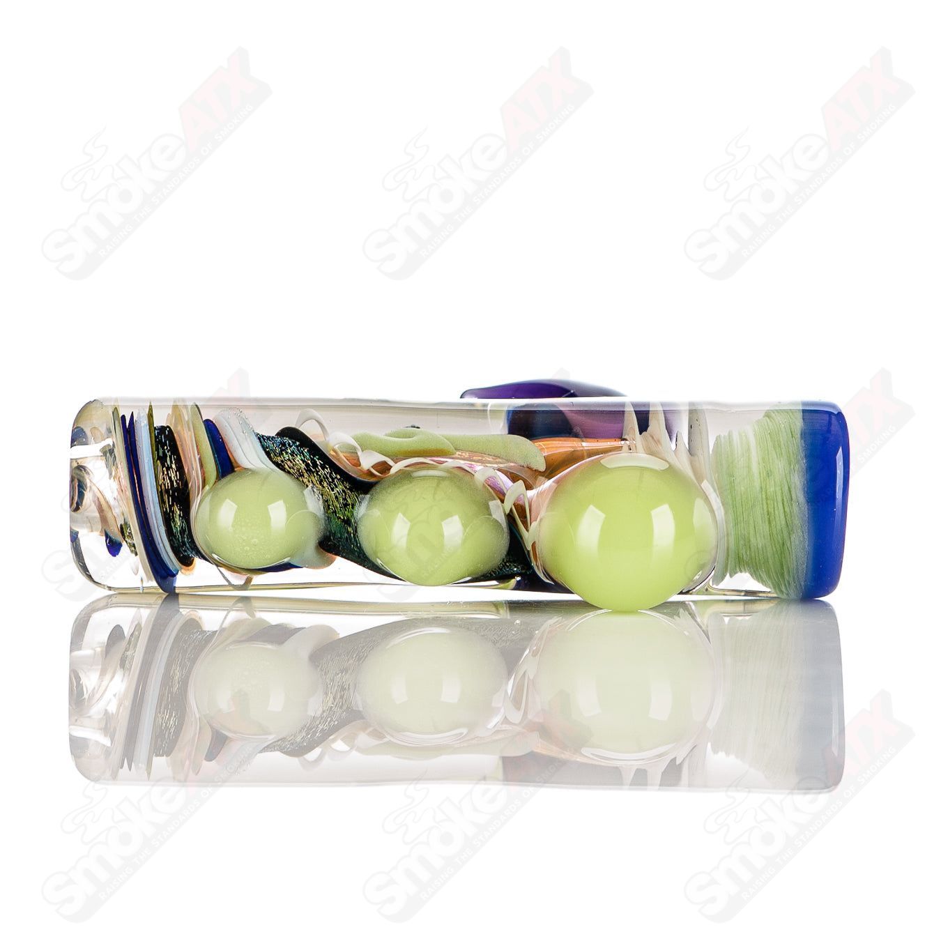 Colorfully worked IO Chillum by Jeremy from Oregon, handcrafted heady glass pipe with vibrant 15-color design.