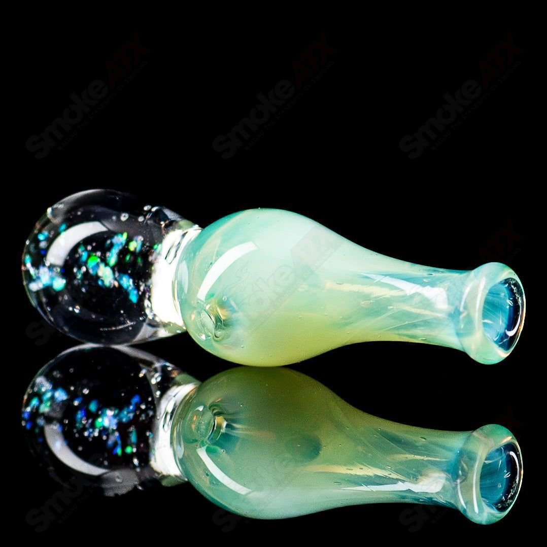 Colorful Puffco Joystick Indo heady glass top by Geoff Made Glass, designed for Puffco devices, featuring vibrant UV-reactive details.