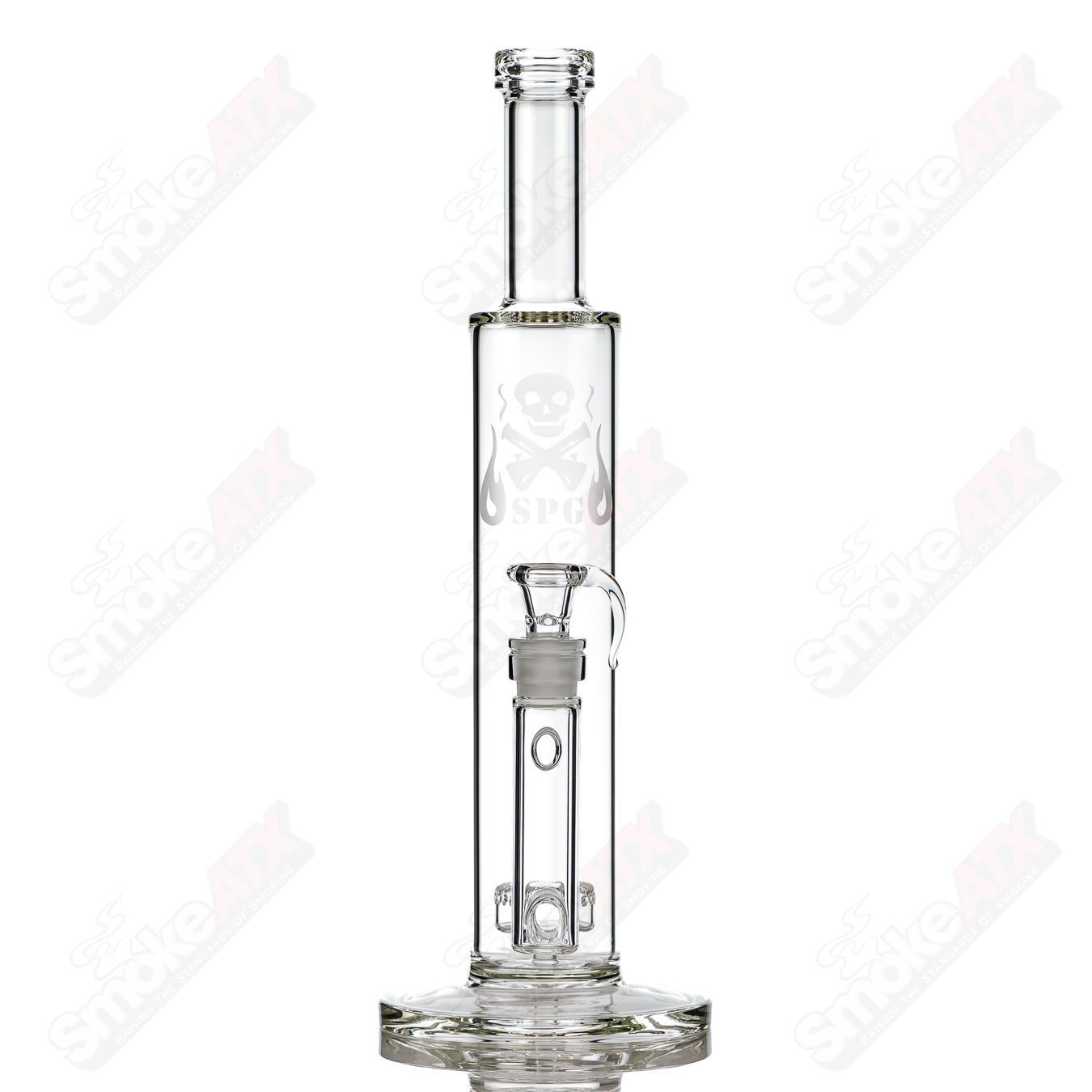 15-inch clear glass Puck Perc Tube by Stephan Peirce Glass, featuring a straight design with multiple percolators for smooth filtration.