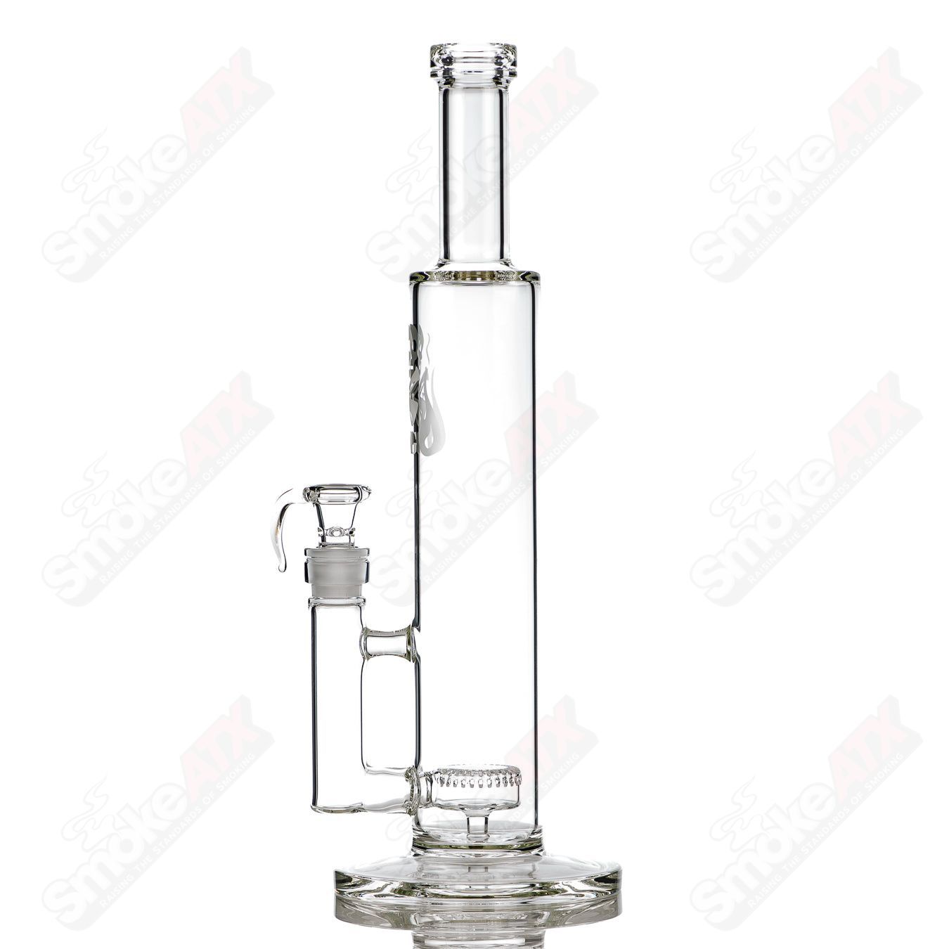 15-inch clear glass puck perc tube by Stephan Peirce Glass, straight tube with multiple percolators for smooth filtration.