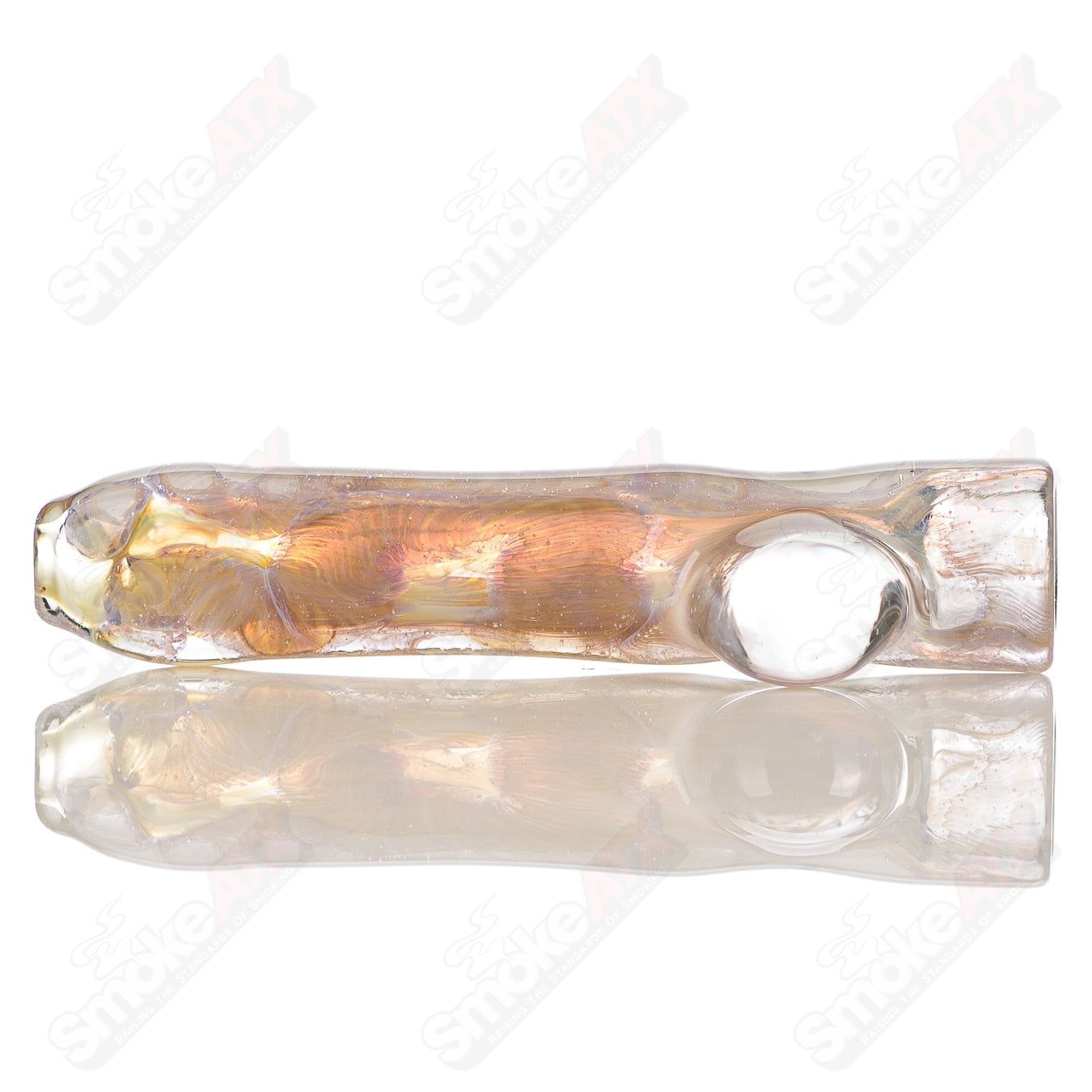 Glass chillum by JMK Glass, signed and featuring detailed I/O worked design, shown in the product image.