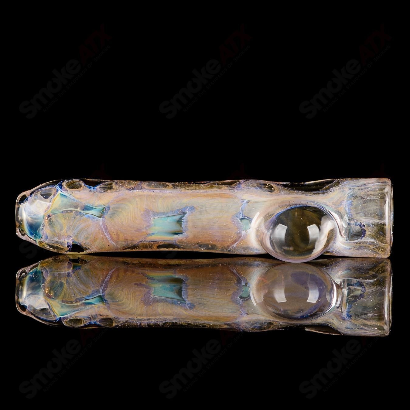 JMK Glass signed I/O Worked Chillum, clear glass smoking pipe with intricate worked design, handcrafted by JMK Glass.