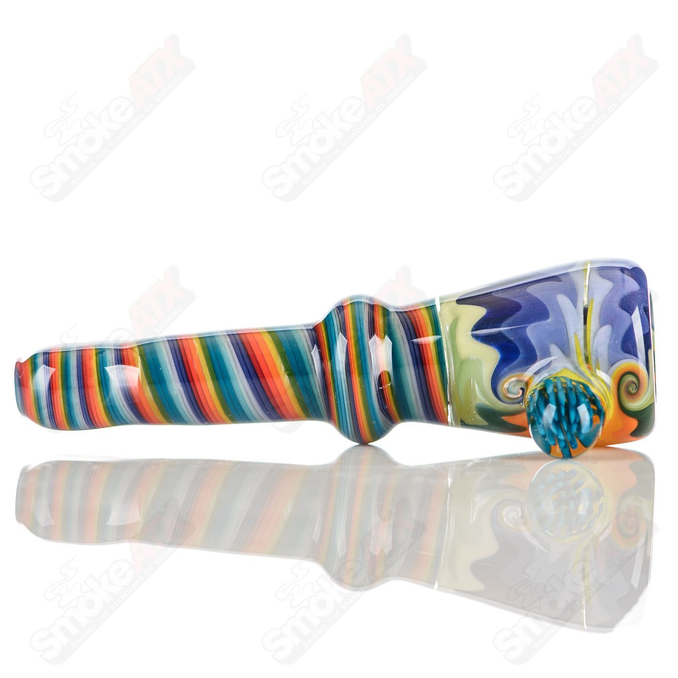 Katy Wright Glass Wig Wag Chillum, a colorful heady glass pipe with a unique wig wag pattern, designed for smoking enthusiasts.