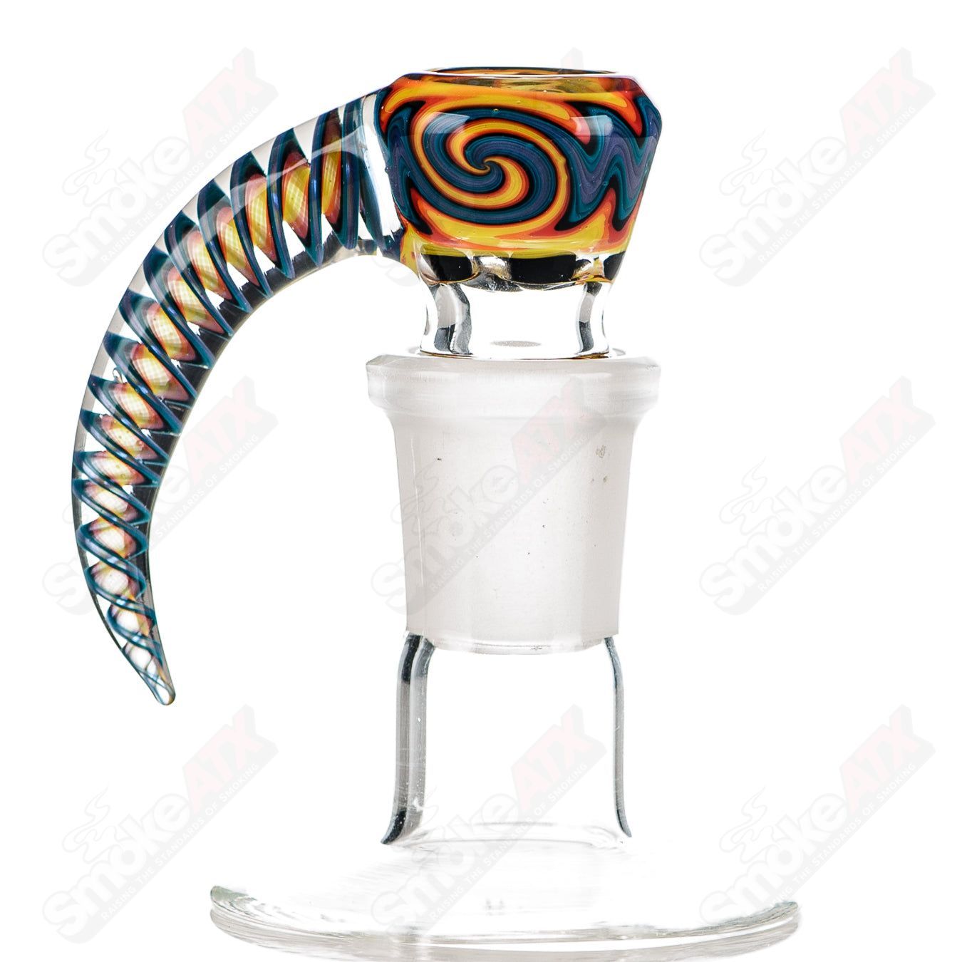 Colorful 18mm Heady Glass 4-hole slide by Texas Tubes with intricate worked design and vibrant colors.