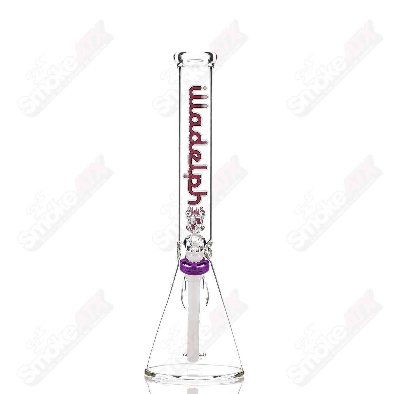 Purple 17-inch Illadelph short beaker glass bong with 5mm thick walls, featuring a sturdy base and classic beaker design.