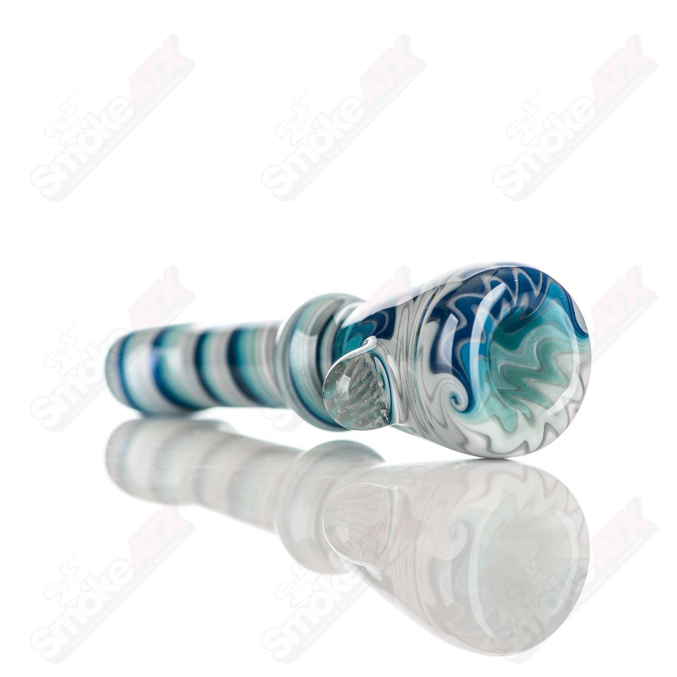 Katy Wright Glass Wig Wag Chillum, colorful heady glass pipe with wavy design, used for smoking, vibrant and artistic in style