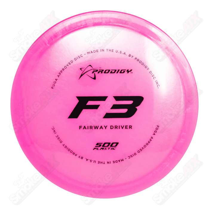 Pink Prodigy Disc F3 Fairway Driver with Ring of Stars design, 170-176g, made from 500 plastic, shown in a lifestyle setting.