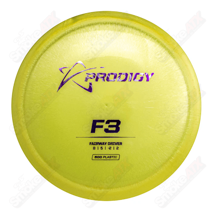 Yellow Prodigy Disc F3 Fairway Driver with Ring of Stars design, 170-176g, made from 500 plastic, shown in a lifestyle setting.