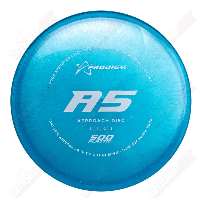 A5 Light Blue Approach Disc by Prodigy Disc, 170-177g, made of 500 plastic, shown in a lifestyle setting.