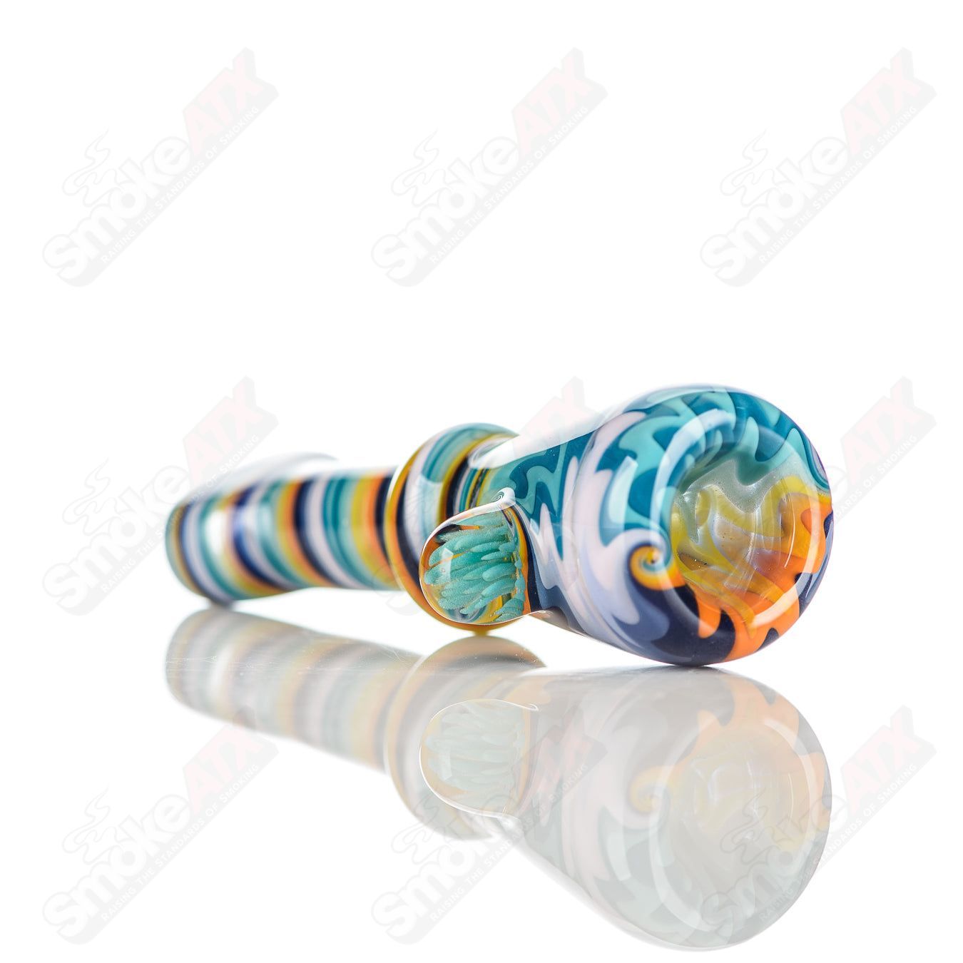 Katy Wright Glass Wig Wag Chillum, colorful heady glass pipe with intricate wig wag design, transparent glass body.