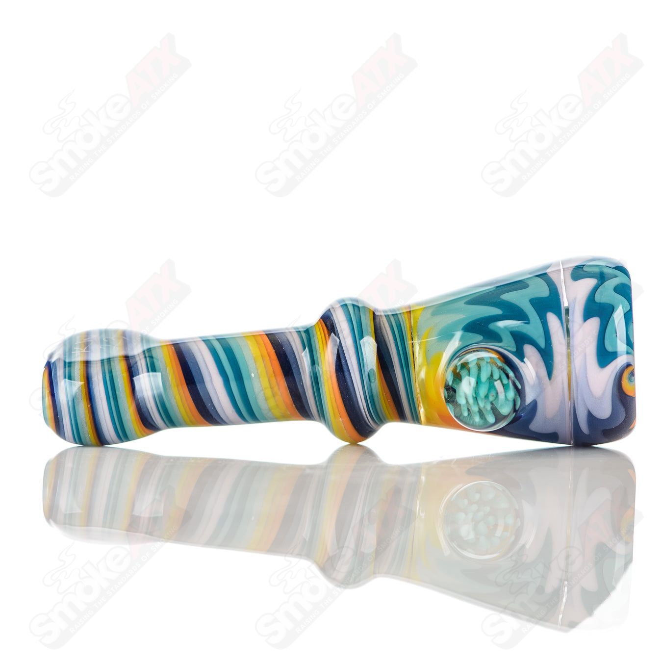 Katy Wright Glass Wig Wag Chillum, hand-blown heady glass pipe with colorful wig wag design for smooth smoking experience.