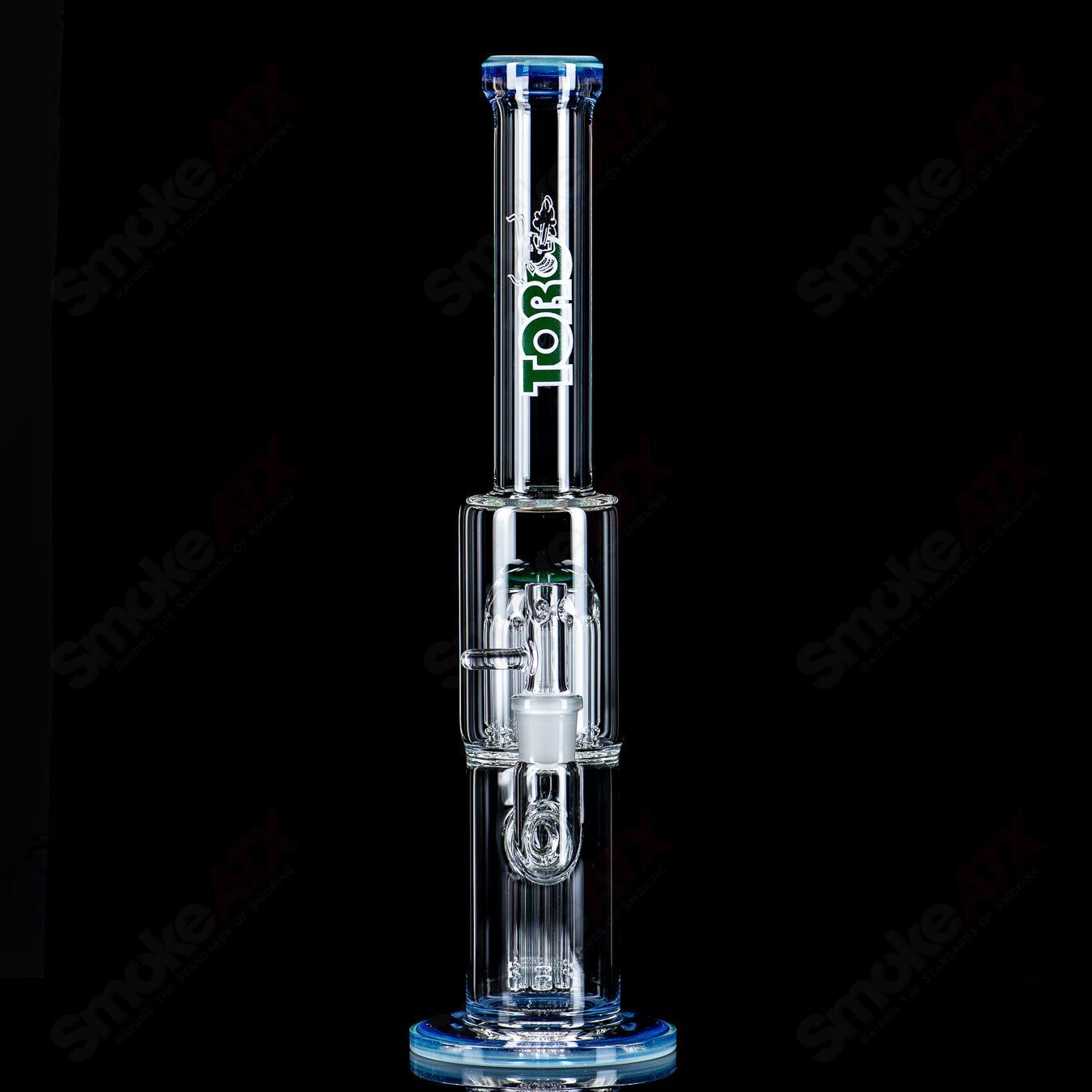 Toro 18mm 7/13 arm perc straight glass tube with colorful cap, designed for smooth smoking experience.