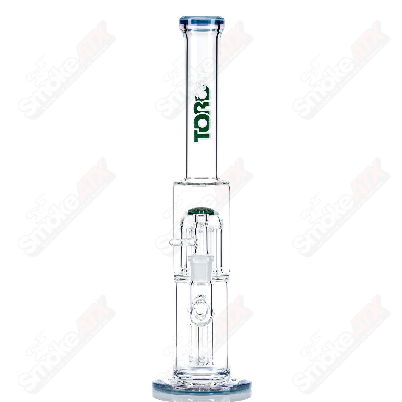 Toro 18mm 7/13 arm perc straight glass tube with colorful cap, designed for smooth filtration and stylish appearance.