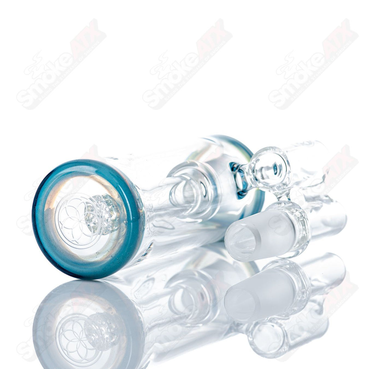 18mm BSG ash catcher by SoL Glassworks, heady glass piece, transparent with intricate glasswork, designed for smoking accessories.