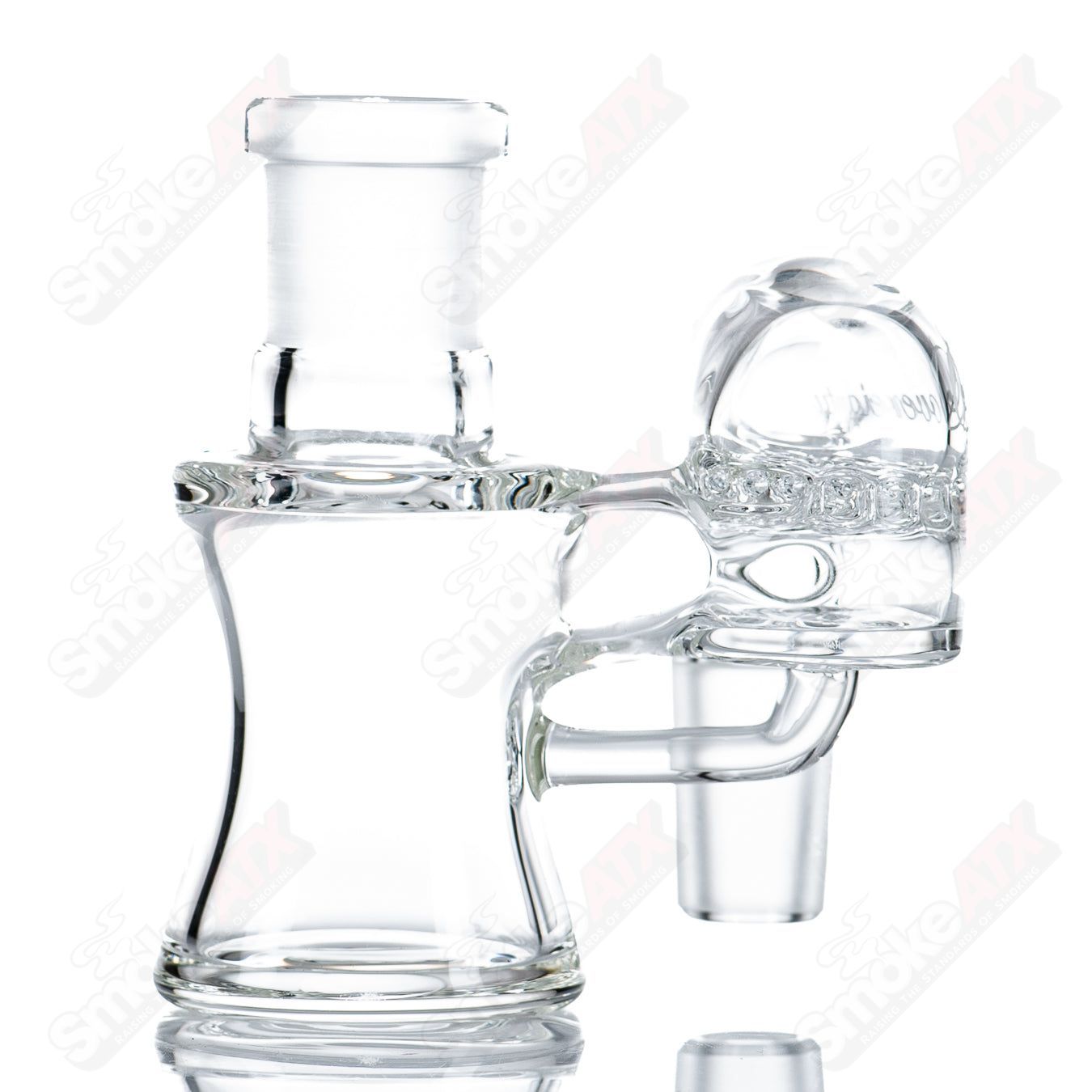 Clear 18mm dry cleaner ash catcher from Sovereignty Glass with side logo, designed for glass smoking pipes.
