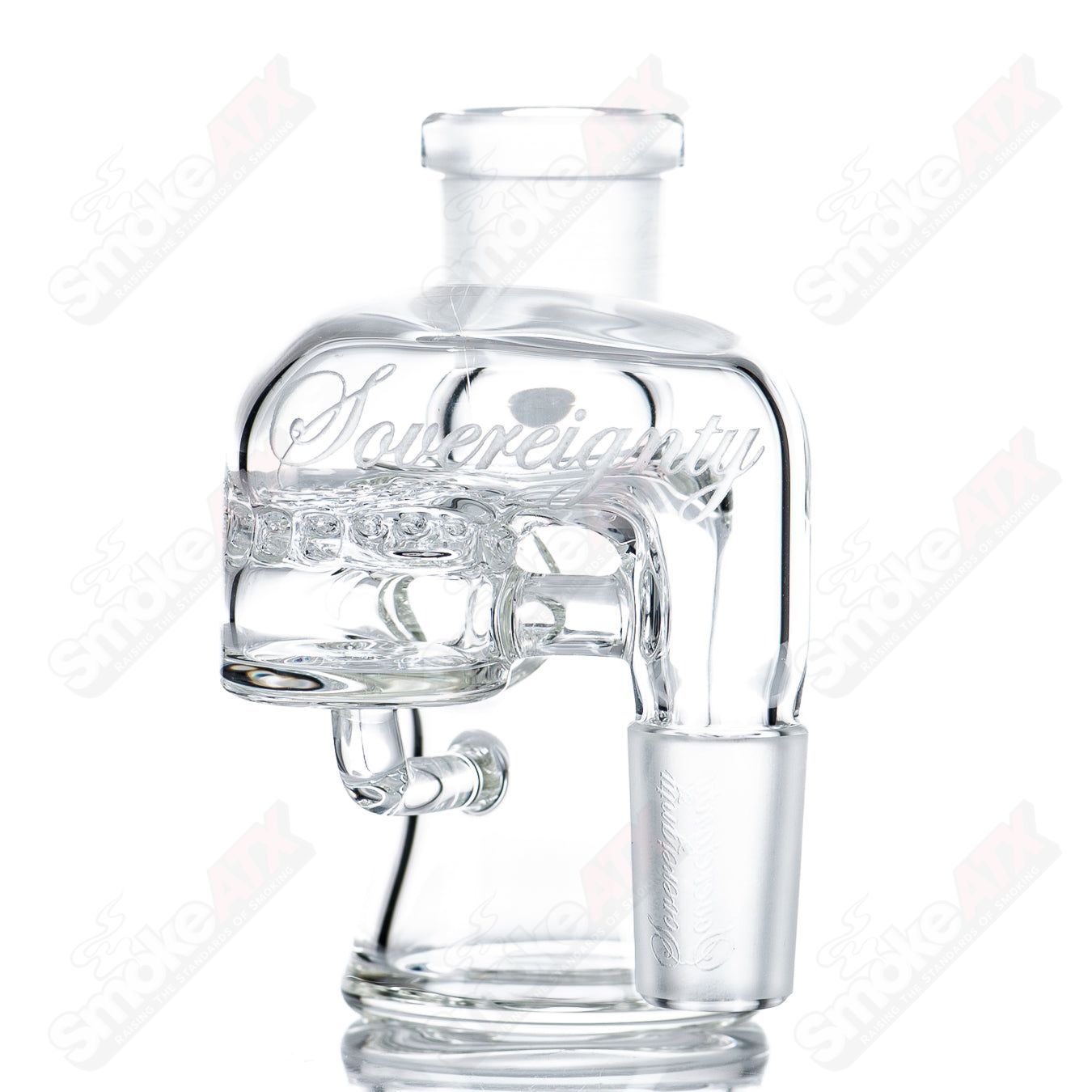Clear 18mm dry cleaner ash catcher by Sovereignty Glass with side logo, designed for glass smoking pipes and bongs.