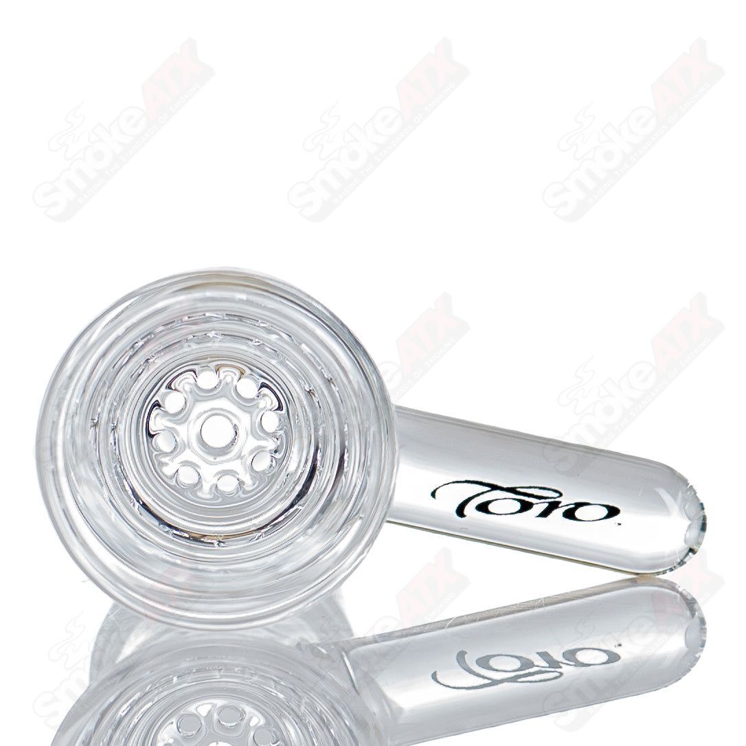 Toro Glass 18mm Flared Jet Slide, a clear glass bowl with flared design, designed for use with compatible smoking devices.
