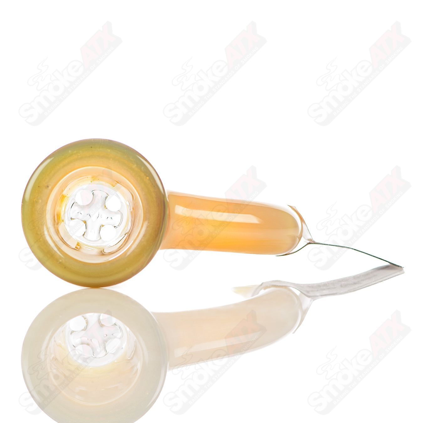 Sovereignty Glass 18mm Full Accent Slide with grease stain over creamy white satin finish, designed for heady glass bowls.