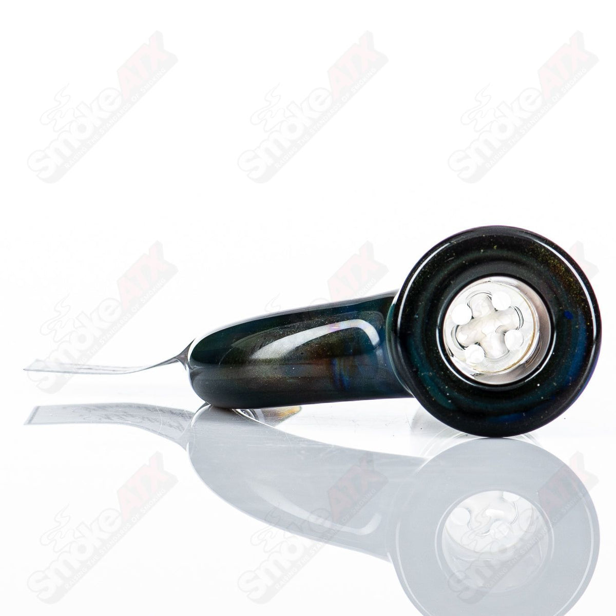 Sovereignty Glass 18mm Full Accent Slide in Mystery Adventurine for Heady Glass bowls, featuring vibrant, swirling green and purple hues.