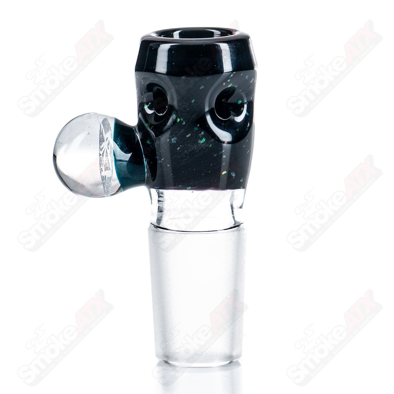 Black Tuna 18mm glass slide featuring crushed black opal with dichro mica for vibrant, colorful effects.