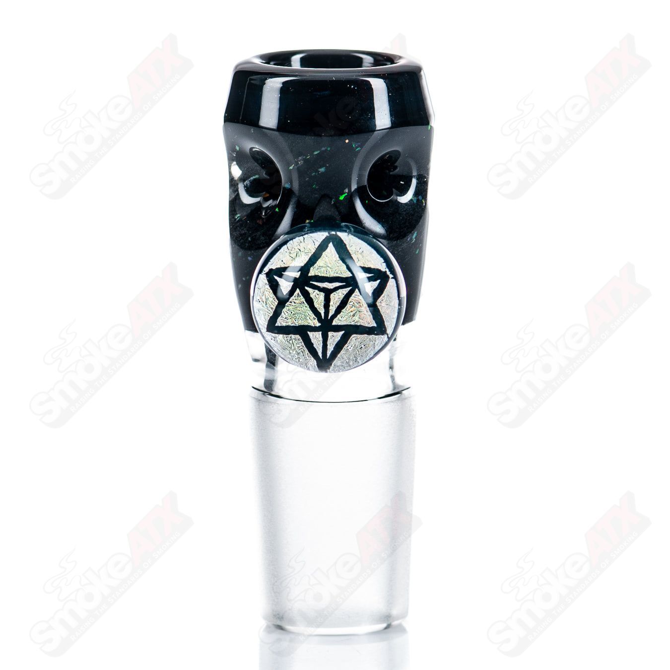 Black Tuna 18mm glass slide with crushed black opal and dichro mica, showcasing vibrant colors and intricate detail.