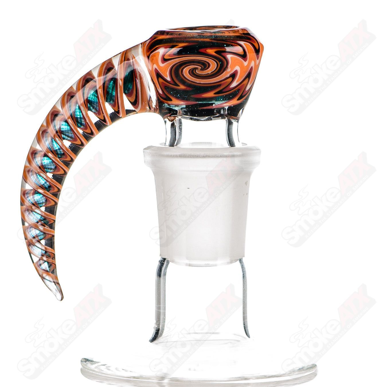 Colorful 18mm worked glass 4-hole slide bowl by Texas Tubes, featuring intricate design and vibrant hues for heady glass enthusiasts.