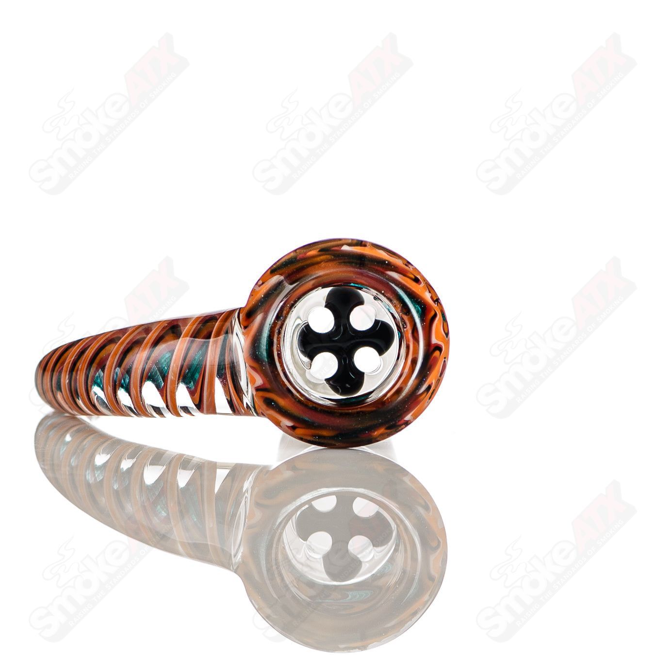 Colorful 18mm Worked 4-Hole Slide by Texas Tubes, Heady Glass bowl accessory with intricate design and vibrant hues.