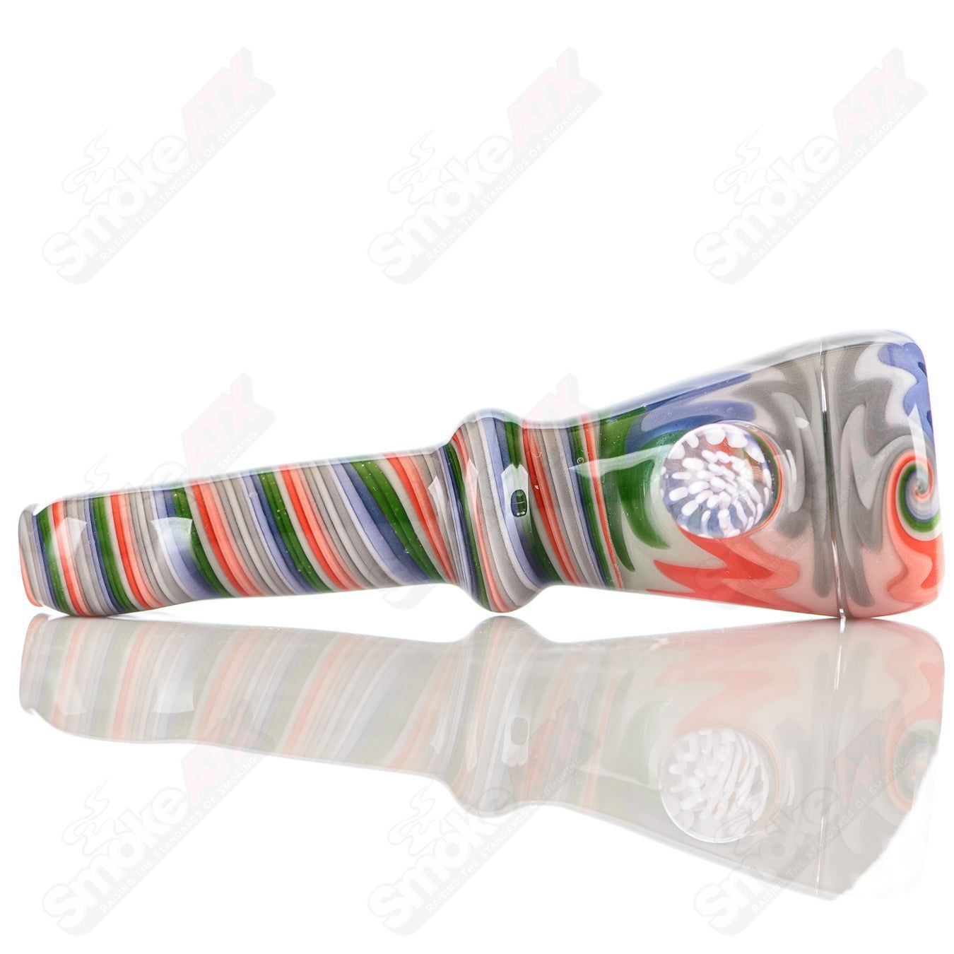 Katy Wright Glass Wig Wag Chillum, colorful heady glass pipe with intricate wig wag design for smoking or display.