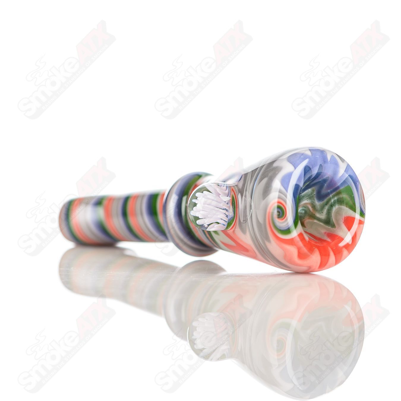 Katy Wright Glass Wig Wag Chillum, colorful heady glass pipe with intricate wig wag design, compact and artistic for smoking.