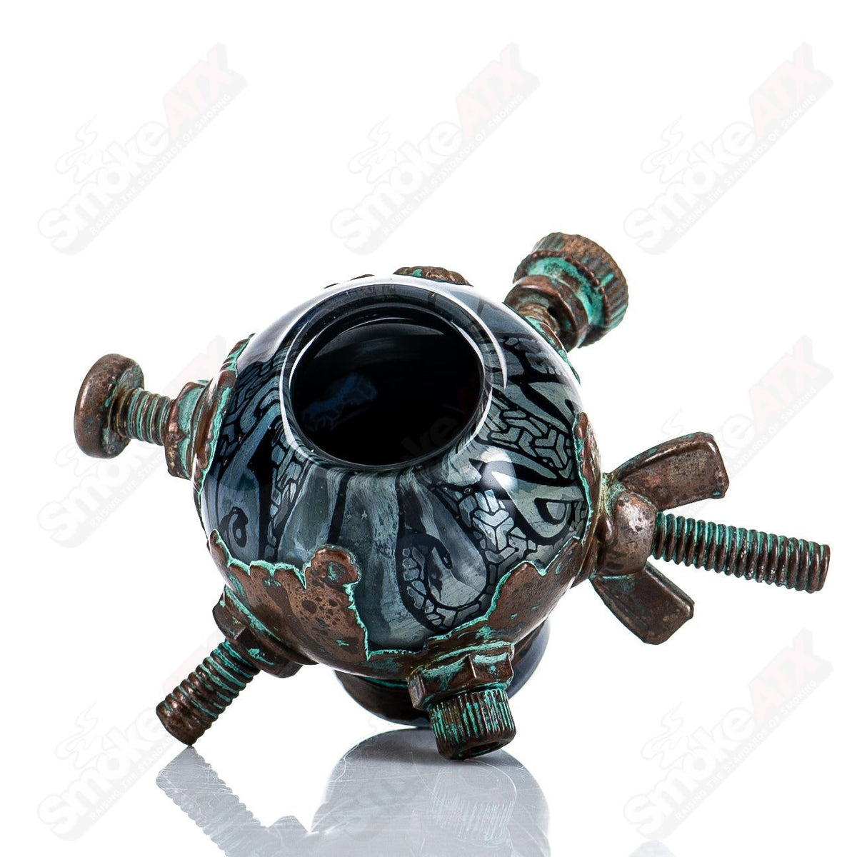 19mm electroformed interwoven pattern dome by Snic for Heady Glass, showcasing intricate metalwork and detailed craftsmanship.