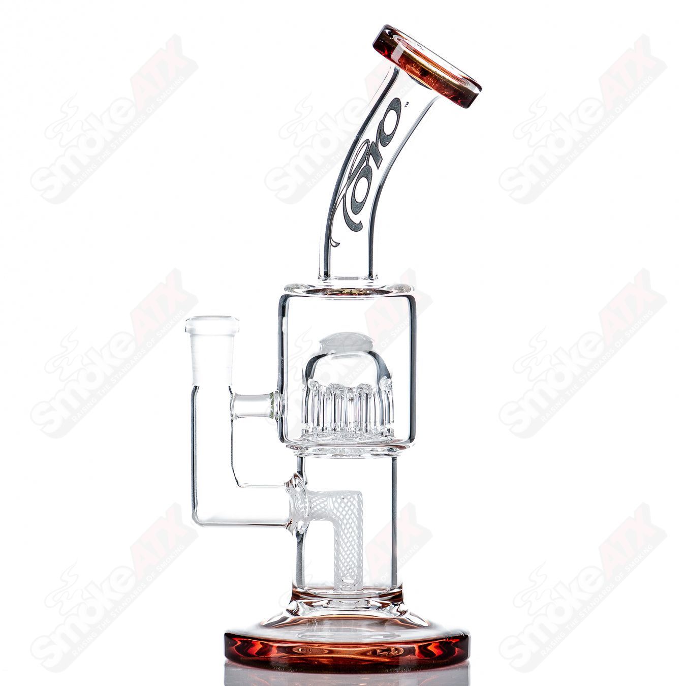 Toro Glass 10mm double macro concentrate rig with colorful caps, featuring intricate design and clear glass construction.