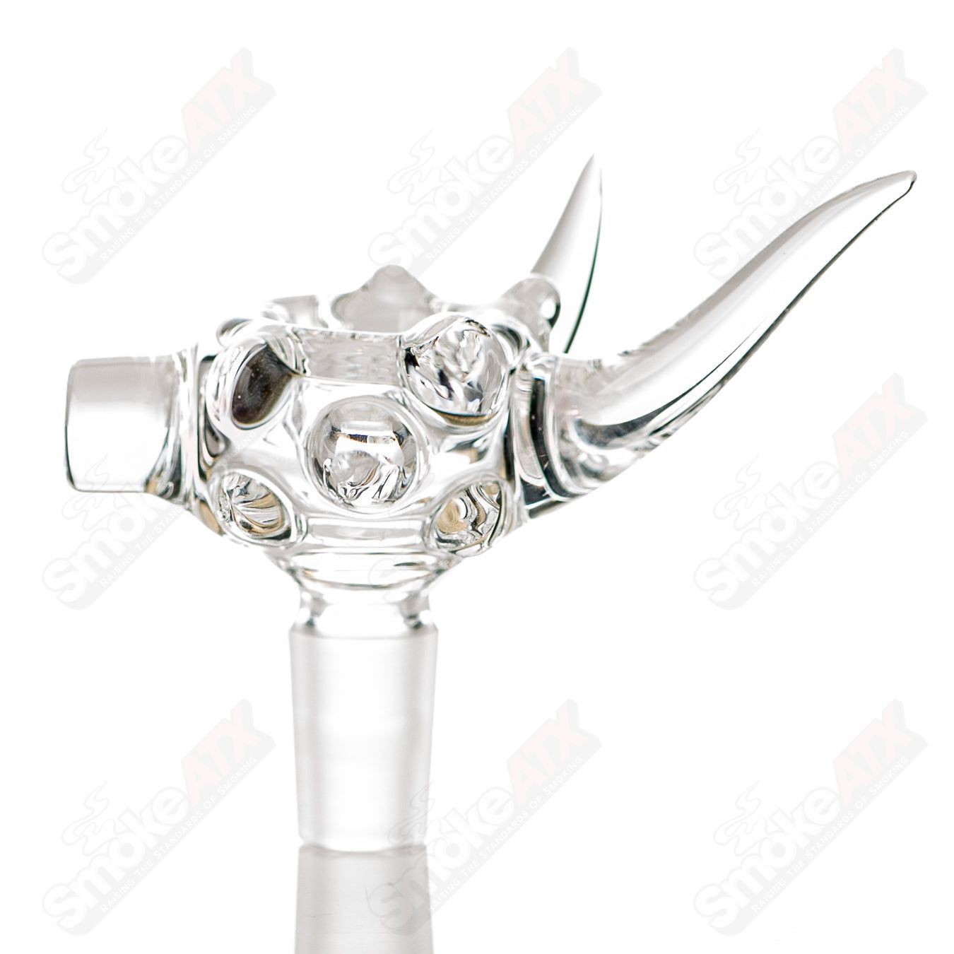 JMass 14mm clear worked horn bowl for heady glass pipes, featuring intricate horn design and transparent glass construction.