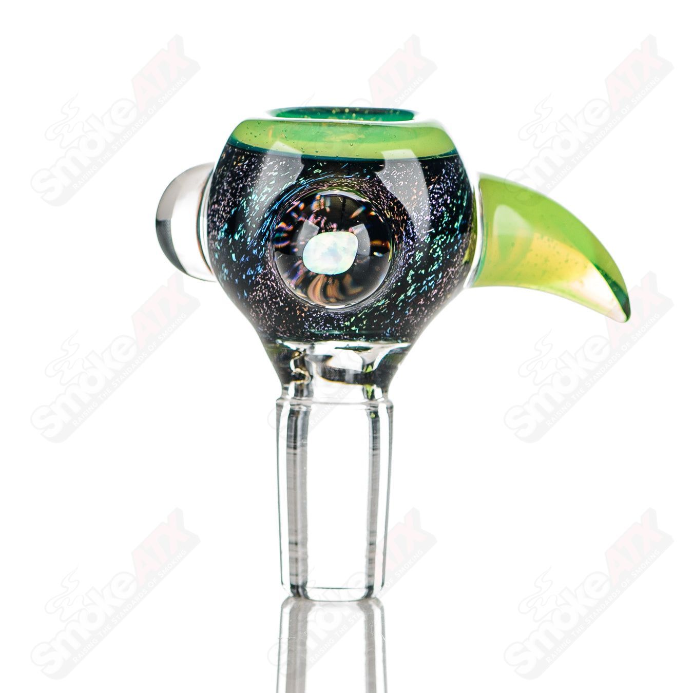 Color worked 14mm slide bowl by Jeremy from Oregon, heady glass bowl with intricate design and vibrant colors.