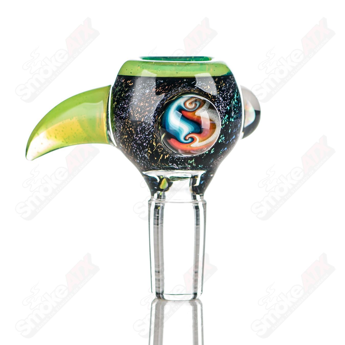 Color worked 14mm slide bowl by Jeremy from Oregon, featuring vibrant glass art and a functional heady glass bowl design.