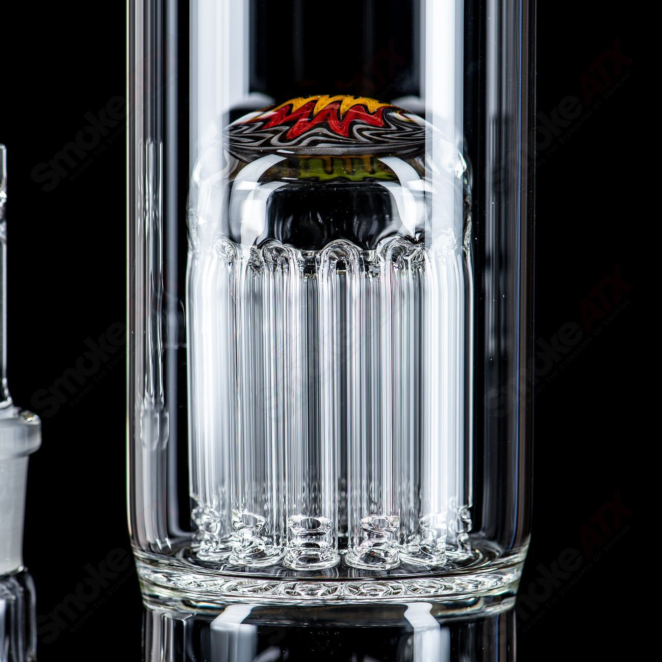 Toro 18mm 7/13 arm perc straight glass tube with worked sections, designed for smooth smoking experience.