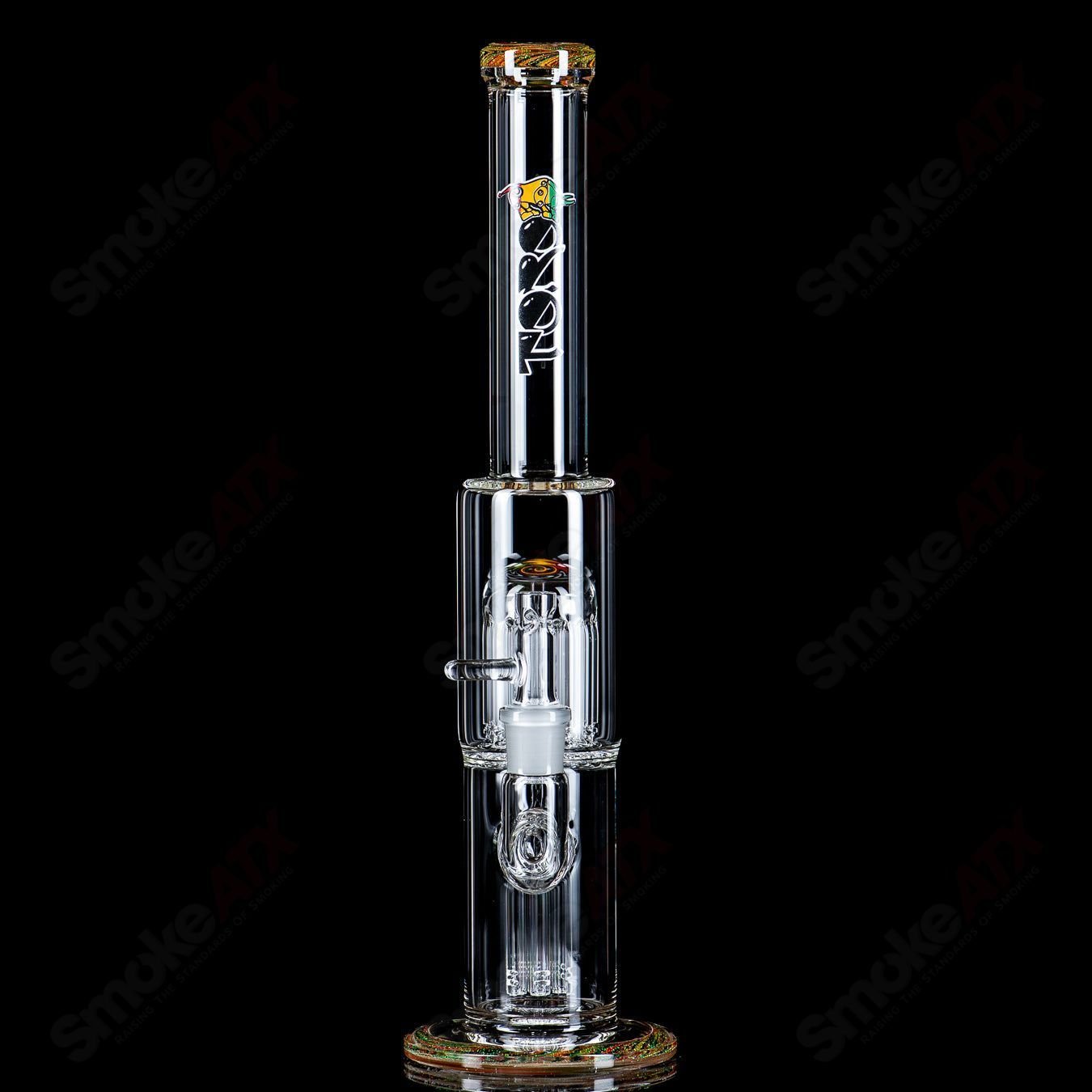 Toro 18mm 7/13 arm perc straight glass tube with worked sections, designed for smooth smoking experience.