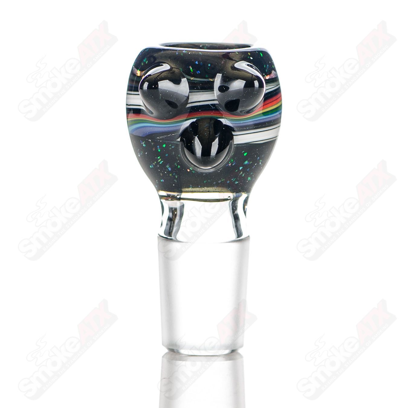 Color worked 18mm slide bowl by Jeremy from Oregon, featuring vibrant glass art and sturdy design for heady glass smoking.