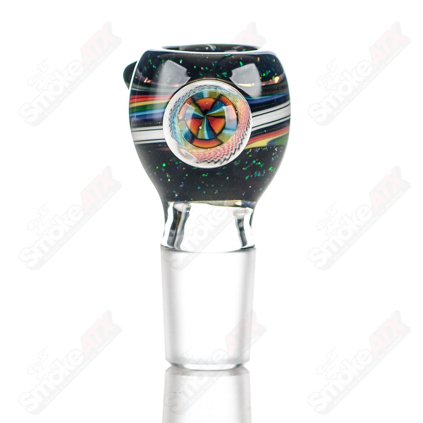 Color worked 18mm slide bowl by Jeremy from Oregon, made of heady glass, showcasing vibrant intricate designs.