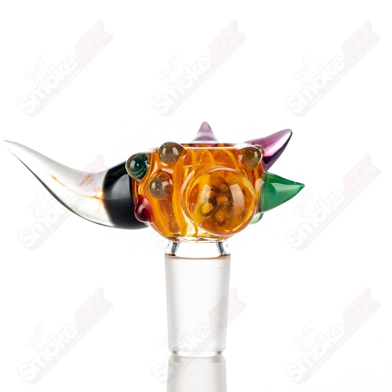Colorful 19mm Horn Milli Bowl by JMass, a heady glass bowl featuring intricate full-color worked horn design.