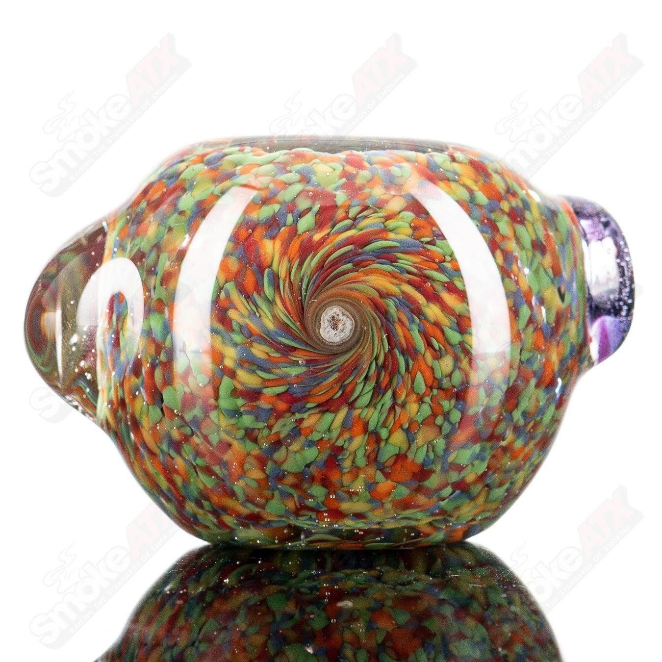 Colorful rainbow frit glass spoon pipe by JMK Glass, hand-crafted with vibrant glass art and intricate details.