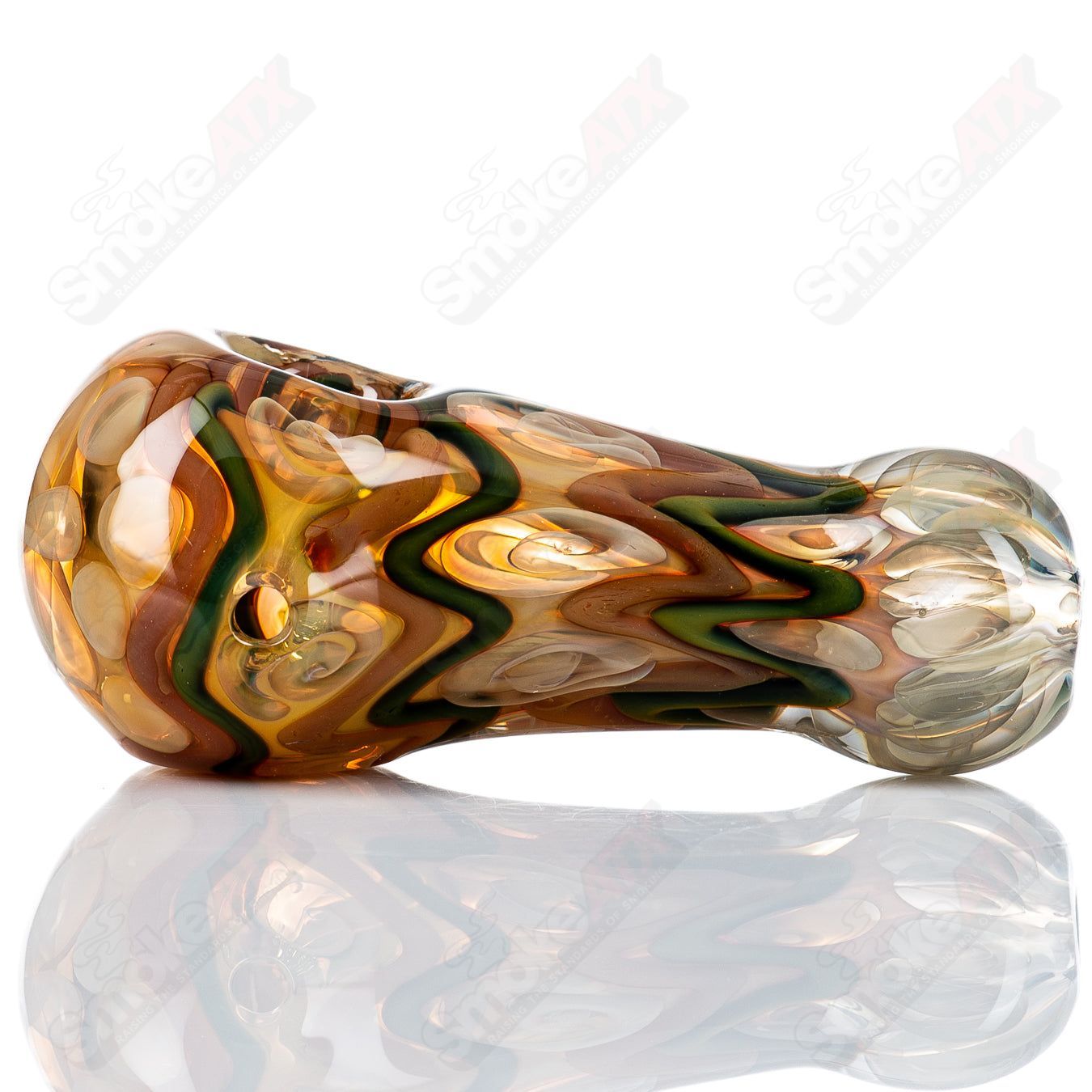 Glass pipe by Shane Smith featuring gold and silver fume accents, designed as a stylish I/O spoon for smoking.