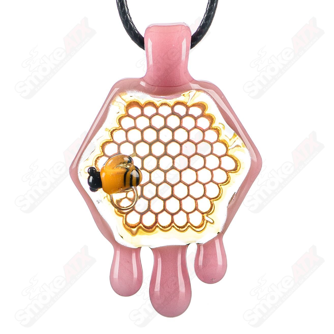 Joe P Glass Cadillac Pink 2-inch Honeycomb Drip Pendant, colorful heady glass jewelry with intricate design and vibrant pink hues.